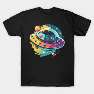 Colorful Watercolor UFO Spaceship Design T-Shirt